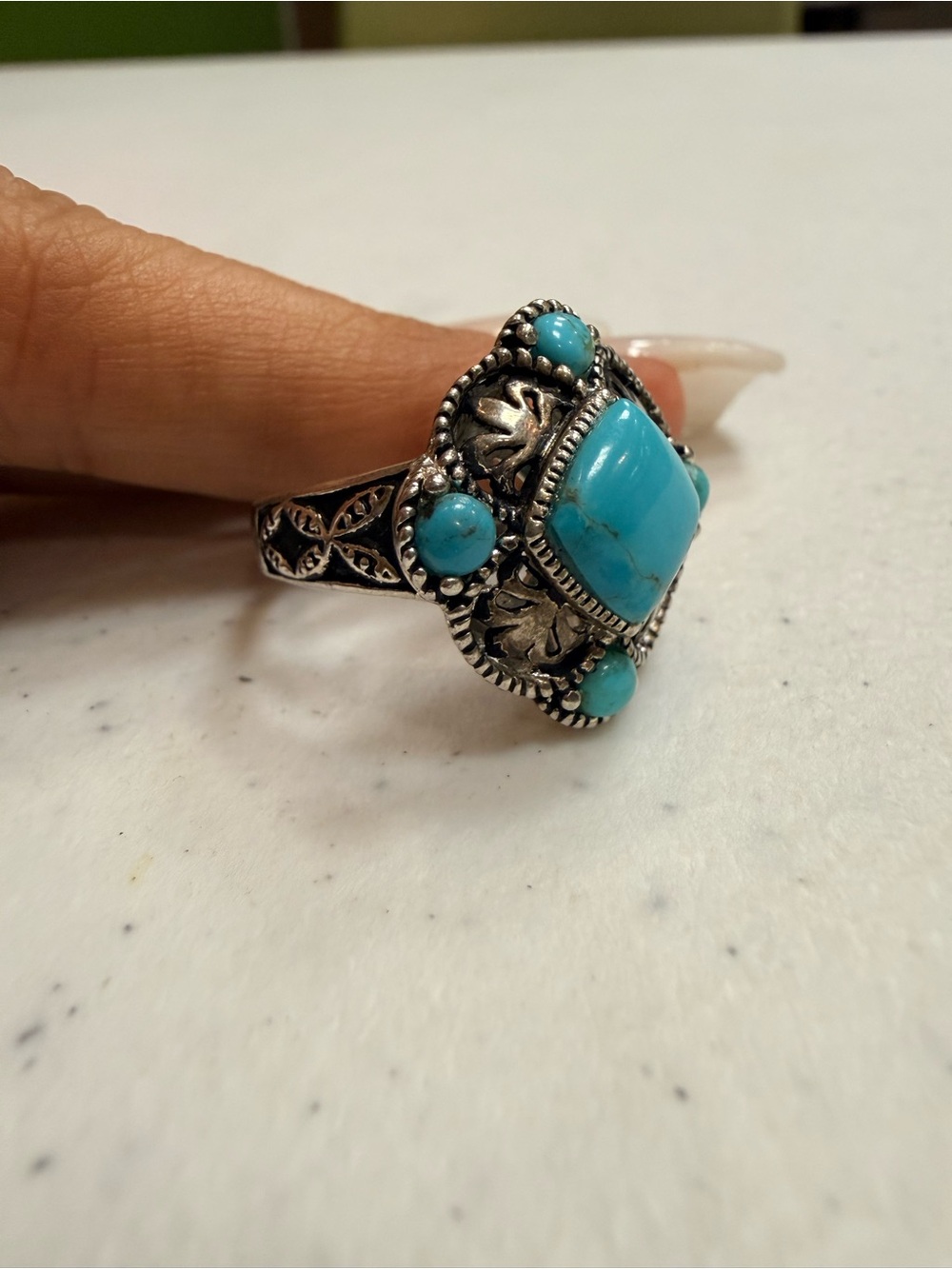 Turquoise Statement Ring - Silver-Tone Ornate Design - Picture 4 of 7